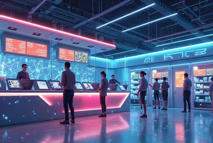 Create a futuristic illustration of a retail store with a seamless checkout experience. Include elements of AI technology, such ...