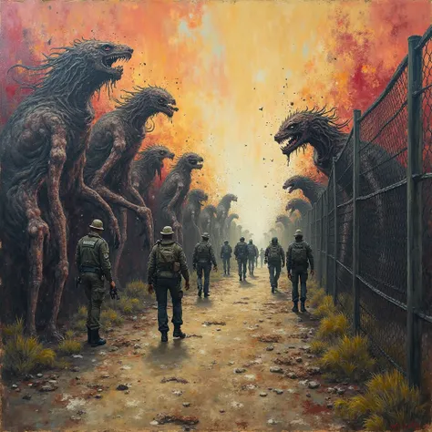 Impressionism, the United states southern border fence with a horde of monsters on one side and border patrol on the other