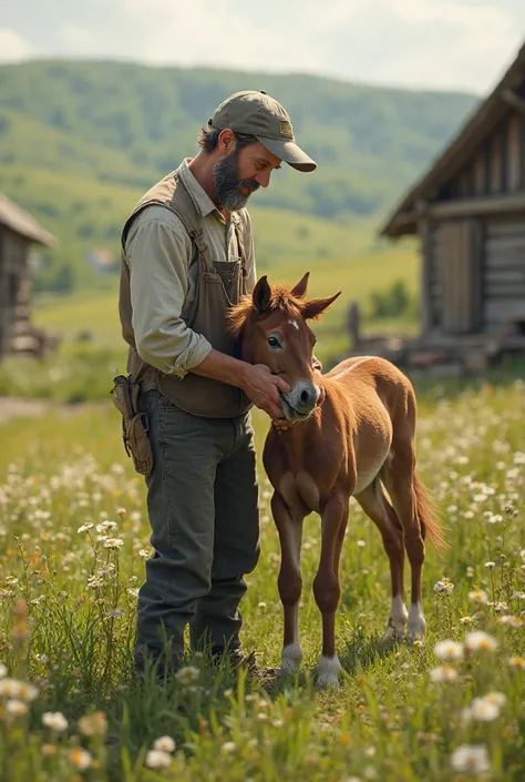 Create an image of a farmer with a small baby of horse in his field