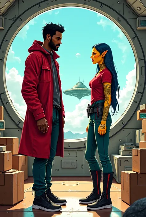 *"K'aarri is a warrior and scientist exiled from a real alien lineage. black boots with red details that go up to the knees, but...