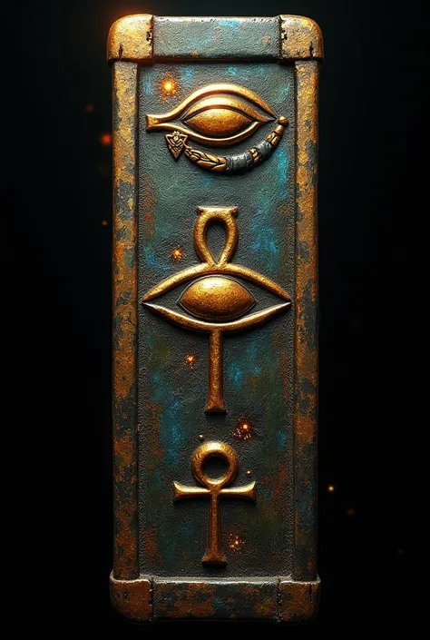 An ancient object that would have the symbol of the Eye of Ra, The Eye of Horus and the Cross of Ankh. that we can clearly disti...