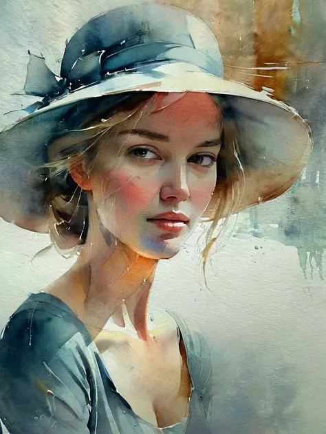 Painting of a woman wearing an elegant hat. The painting uses the watercolor technique. You can see typical characteristics of t...