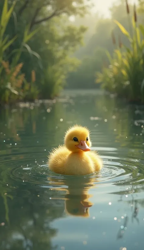 A peaceful pond, a duckling is floating on the water