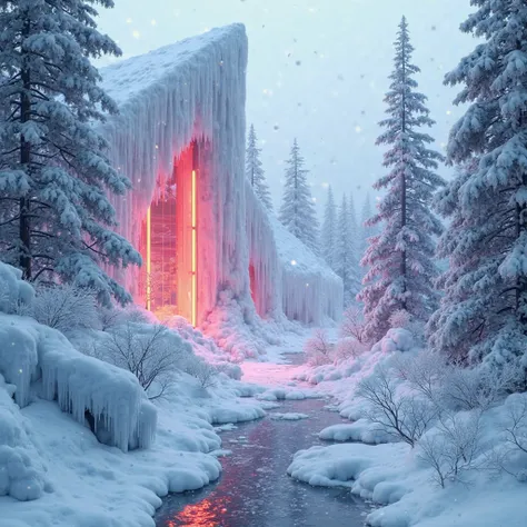 Forest dominated by ice, A winter frost, with a bright Cyberpunk building with red LED 