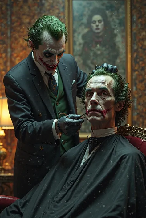 barber, demon, with a joker-like face, cuts hair for a very wealthy client