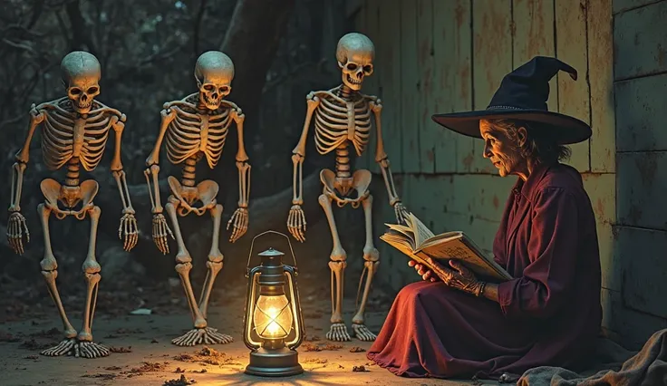 3 skeletons in clothes from the 1960s watching behind a witch reading a book next to an old oil lantern