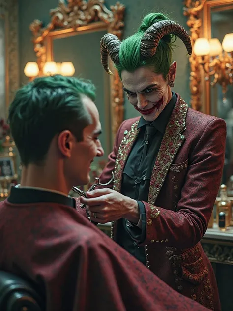 Stylish barber demon, with the joker's face, gives her rich client a haircut. High resolution.