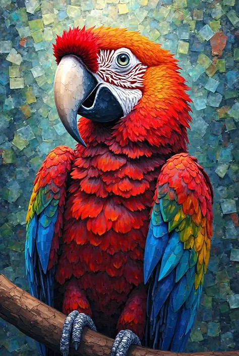 Create a mosaic of a macaw with a cool background but not with much detail
