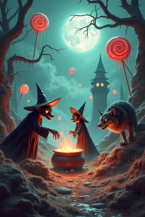 World of wicked candies with witches and wolves half man and mutant moles
