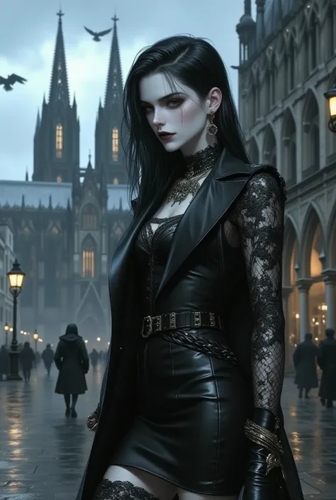 "An elegant and enigmatic woman wears a modern Gothic outfit, mixing sophistication and mystery. She wears a tight black synthet...