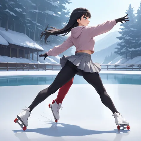 35 year old Japanese woman figure skating on a frozen lake、fantastic atmosphere、young female teacher with black hair and long ha...