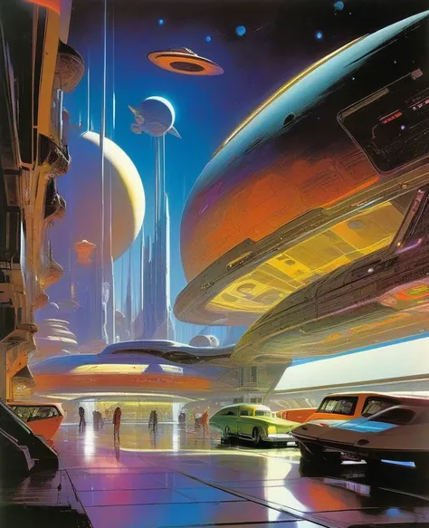 by Juan Gimenez colorful space, organic spaceships, photorealistic space station, space traffic, celestial bodies, volumetric li...