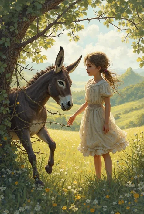 A girl trapped in a thorn bush in the field and a donkey helping her