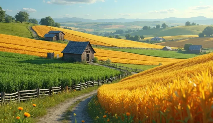 A close-up of a rural farm with rolling fields and gentle hills, angled from below to above horizontally, highlighting the grand...