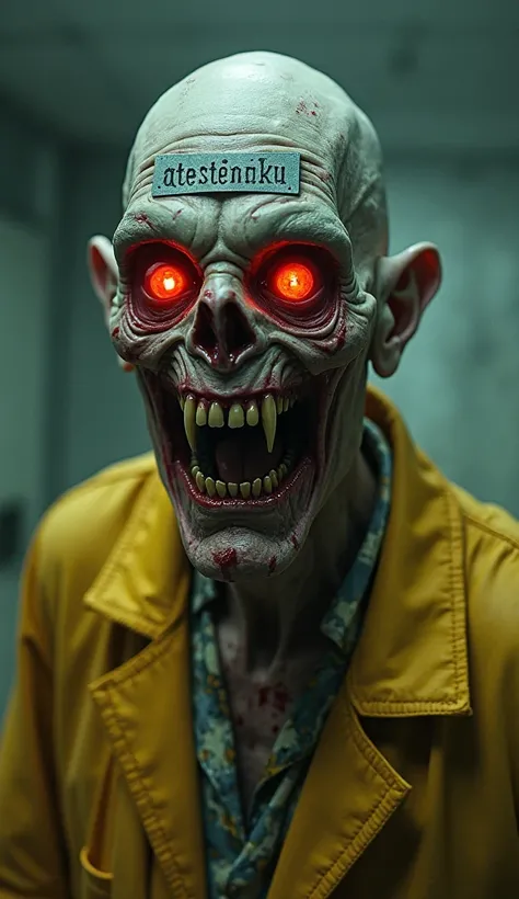 "A terrifying demonic doctor with glowing red eyes, monstrous sharp teeth, pale wrinkled skin, wearing a yellow lab coat stained...