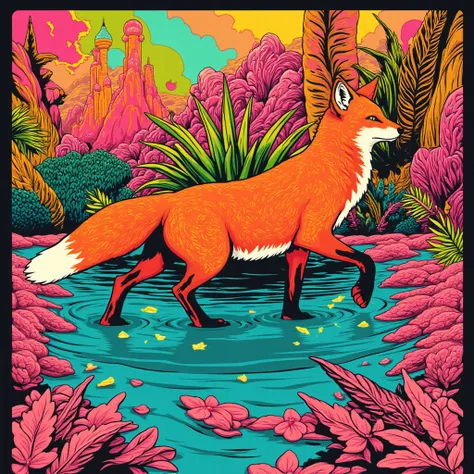 NFT colorful 3d woodcut Stylish red fox walking in the pool destroying flashy