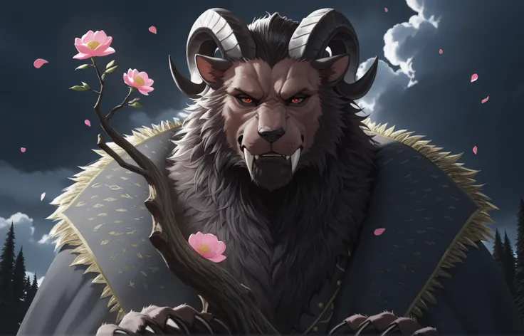 solo, only leonhart, leonhart in a beautiful garden, leonhart standing under a blossoming tree, leonhart peeking out from under ...