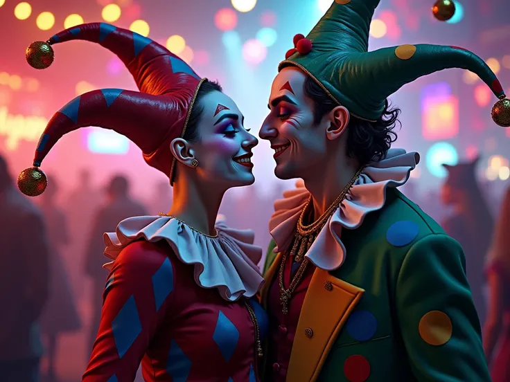 Create me a visual on the theme of carnival with harlequin and joker in the background for a nightclub