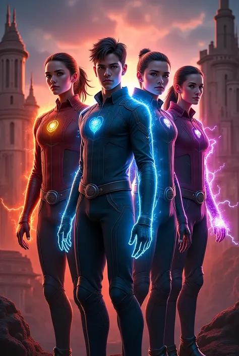 
"A group of four powerful young warriors standing together, each with unique features representing their elemental powers. The ...