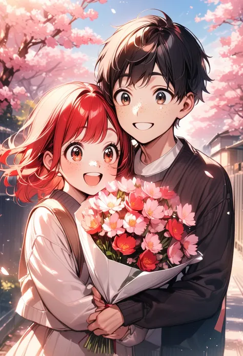 couple, young girl(red hair, freckles, big eyes, holding a bouquet of flowers), boy(black hair,), outdoors, sakura, school backg...