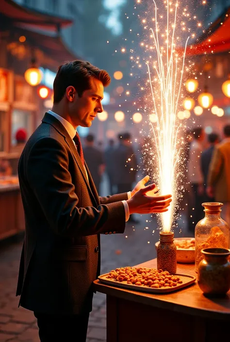 Sales man pouring water to fireworks 