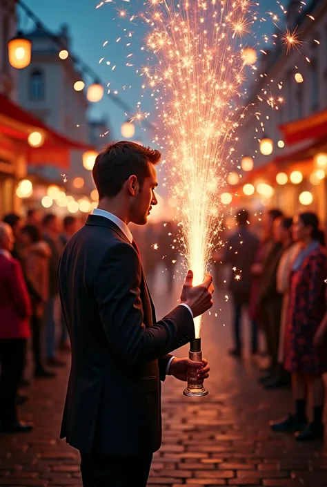 Sales man pouring water to fireworks 