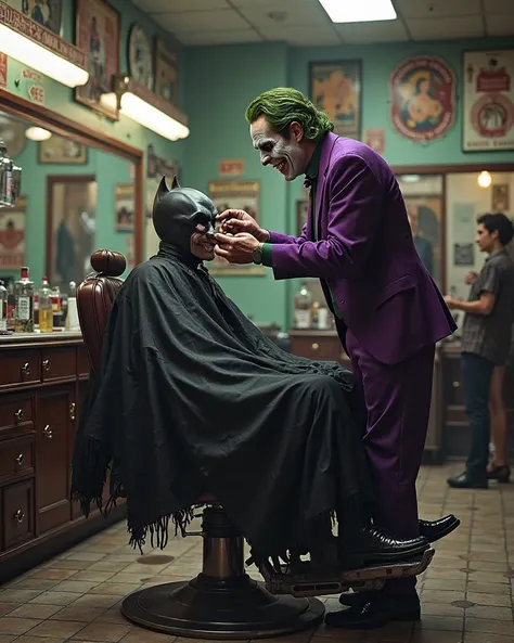 The Joker cuts Batman's hair at the barbershop