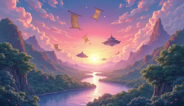 A banner for the YouTube channel '新しい物語の世界 (Atarashii Monogatari)' that showcases a dreamy, surreal landscape. The scene include...