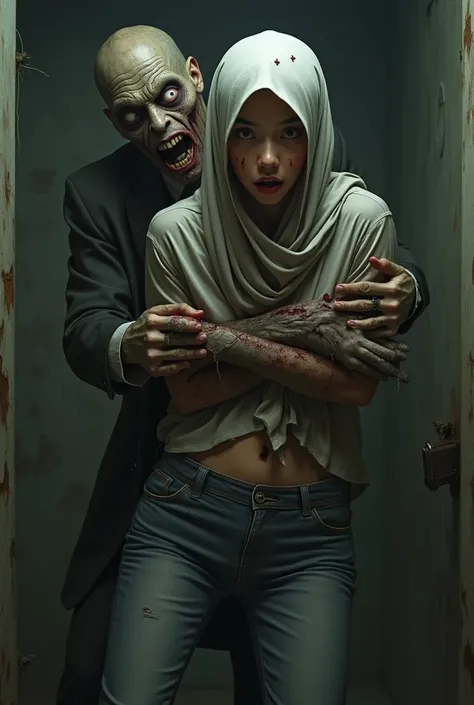A indonesian hijab girl, napped, arms held by a zombie behind, wearing shirt, exposed her panties, low waist pants