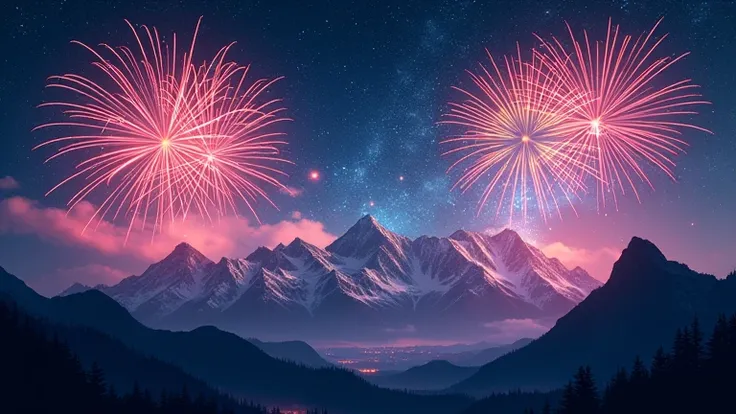 Patriotic Night Red White Blue Fireworks Over Mountain Skies Background

