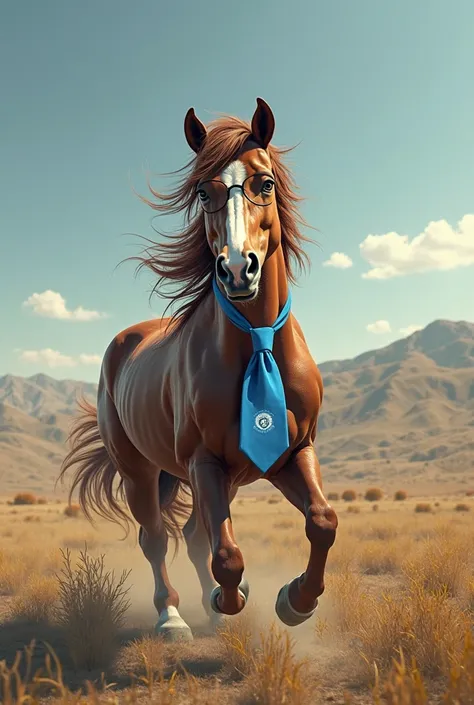 Draw a crazy horse with Massimiliano Allegri's head and a blue tie around his neck
