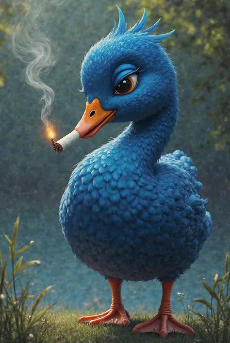 A blue goose smoking a cigarette 