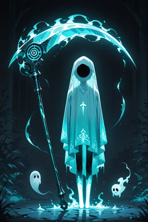 Male, Ghost, No legs, No face, Turquoise magic, Scythe, Single eye 