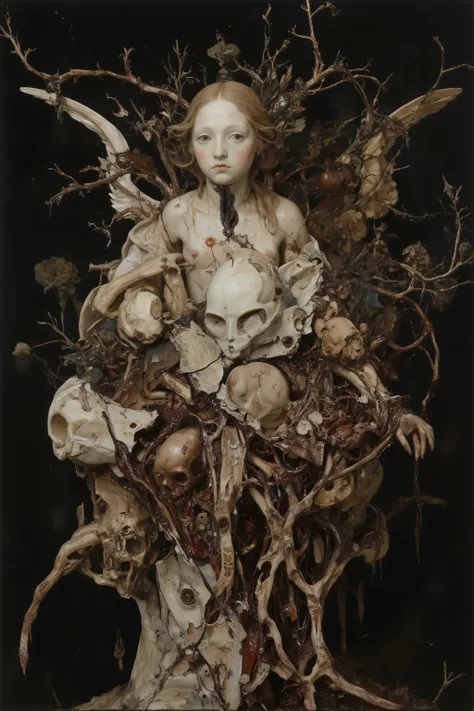 living,beautiful angel,like sculpture skin,wearing robe,heavy crack and damaged Sculpture skin,show inside anatomical bloody gor...