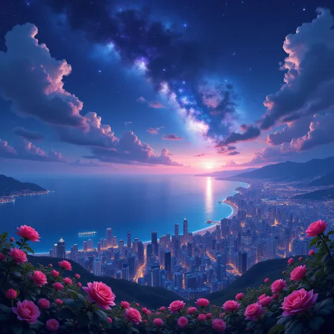 （（of the best quality））、（（masterpiece））、（（high definition））、（（details））、A futuristic city and beautiful ocean can be seen in the...