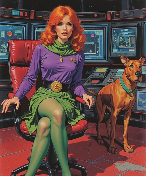 Classic Pin up art style. Watercolor. Pin up scene, pulp art painting. 1965 sci-fi story. Scooby-Doo's Daphne Blake sits Captain...