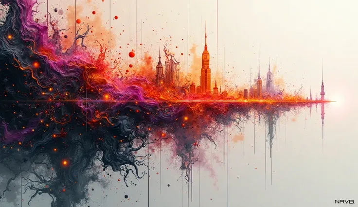 a hyper-stylized banner with the word NRVB.Music positioned to the right hand side. A top down view of a city with glass-like st...