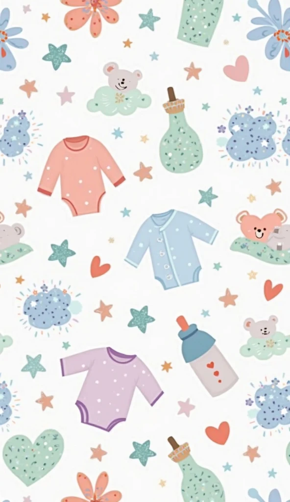 A collection of seamless, bright patterns inspired by newborn celebrations, featuring soft pastel colors like baby pink, blue, m...