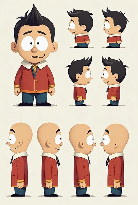 *"South Park character sheet, front/side/profile views, flat colors, no shading, white outline, cartoon style"*