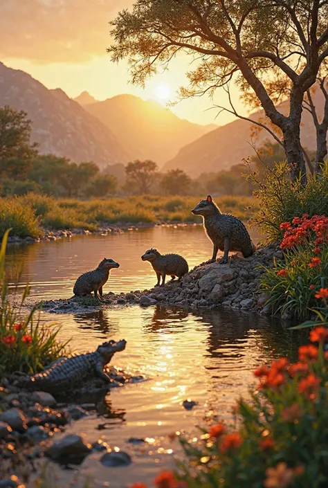 by the river in Africa, Three thirsty guinus approach what's left of a dry river, In the river a crocodile is waiting hidden fo...