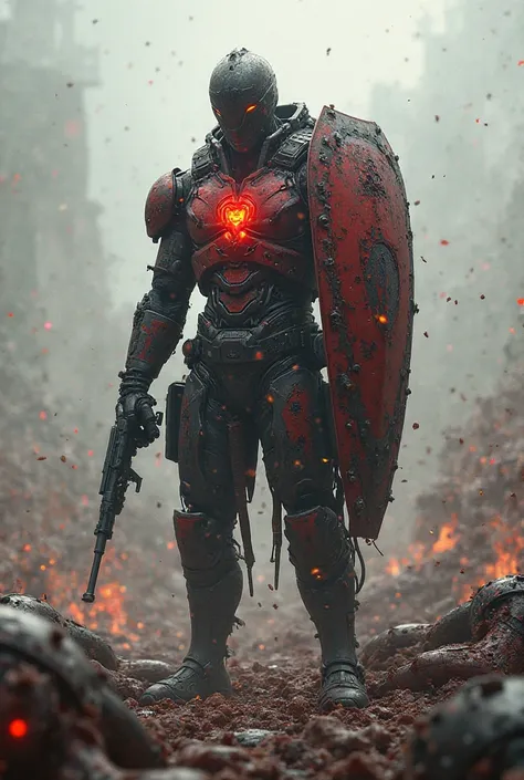 A war man is standing on a battlefield full of dead bodies. He is half destroyed and wearing a red and black shield and his hear...