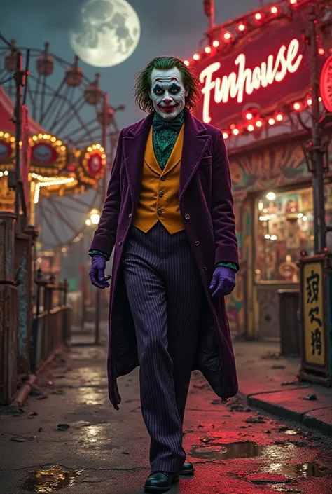 Johnny Depp embodies a hauntingly theatrical Joker, his wild, disheveled dark green hair falling just past his shoulders. His pa...