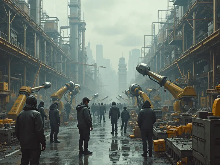 Several robots working in a factory, creating objects, people outside looking sad,
