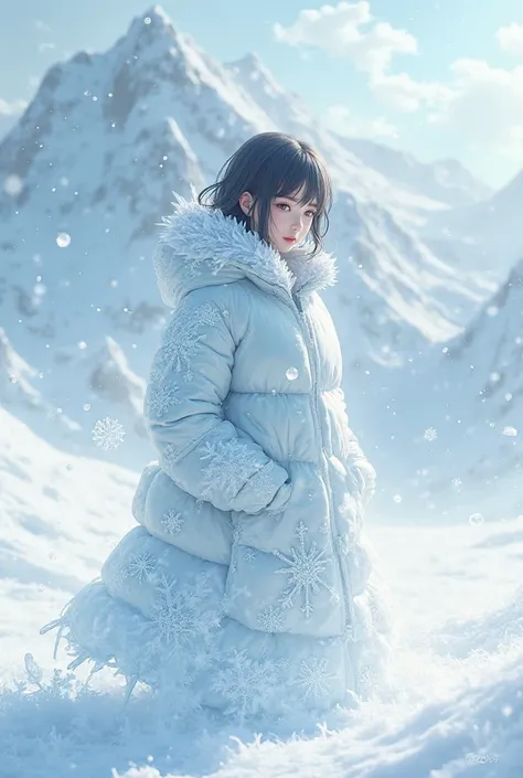 A picture of a girl wearing a down coat whose body has turned to ice and solidified, buried in snow　anime-style