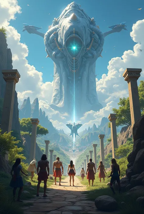 make a cover image of a tower defense game with 4 different mythologies (grega, nordica, Japanese and indigenous Brazilian), Aga...