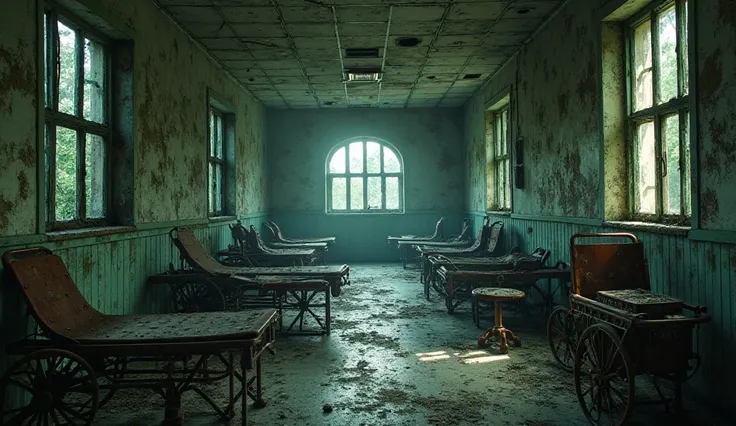 "An old, abandoned hospital. Moss-covered walls, broken window panes, and dust-covered floors. Rusty wheelchairs and stretchers ...