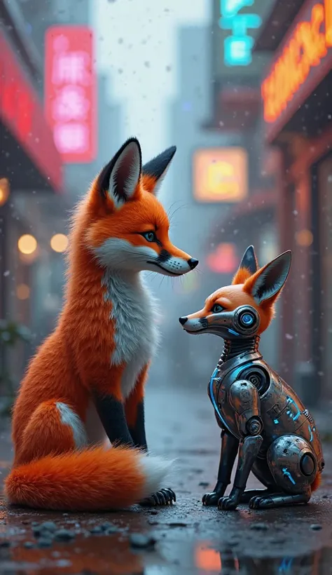 "A bright red fox with a fluffy tail sits on a cybernetic platform, looking at a small robotic fox companion next to it. The rob...