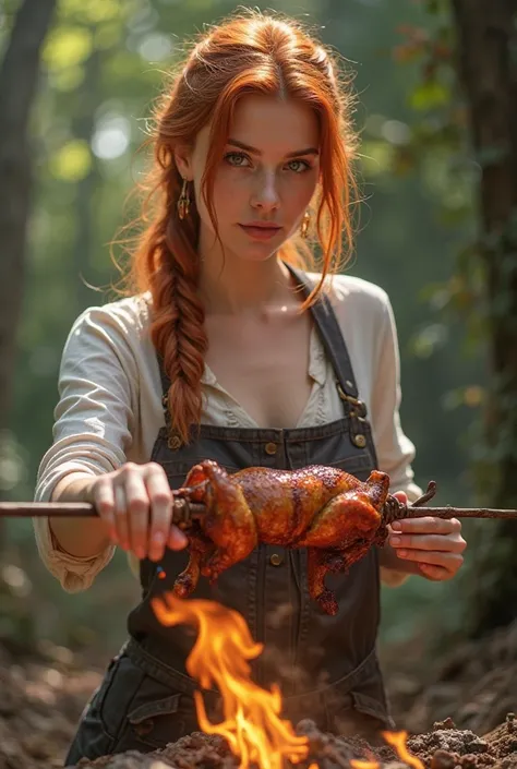 realistic photo, light redhead woman, roasts duck on a skewer