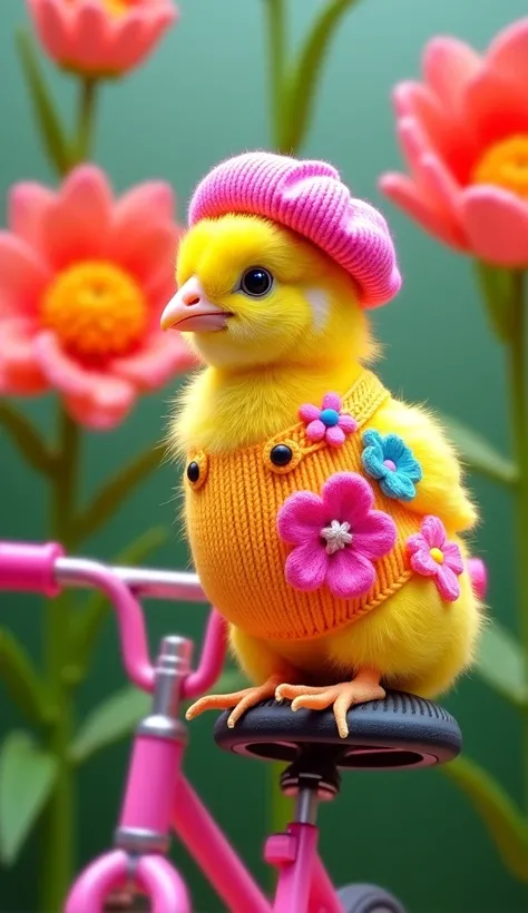 fluffy yellow chick 1 month old wears neon fluorescent knitted overall with loose knitted colored flowers  and a neon fluorescen...
