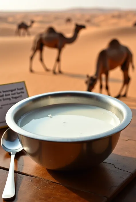 Prompt:
"A stainless steel bowl filled with fresh camel milk is placed on a wooden table. Nearby, traditional yogurt-making ingr...